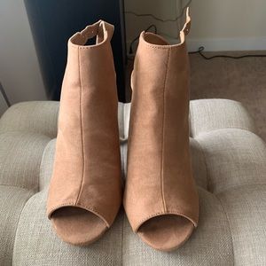 Lulus Budding Romance Camel Suede Peep-Toe Booties